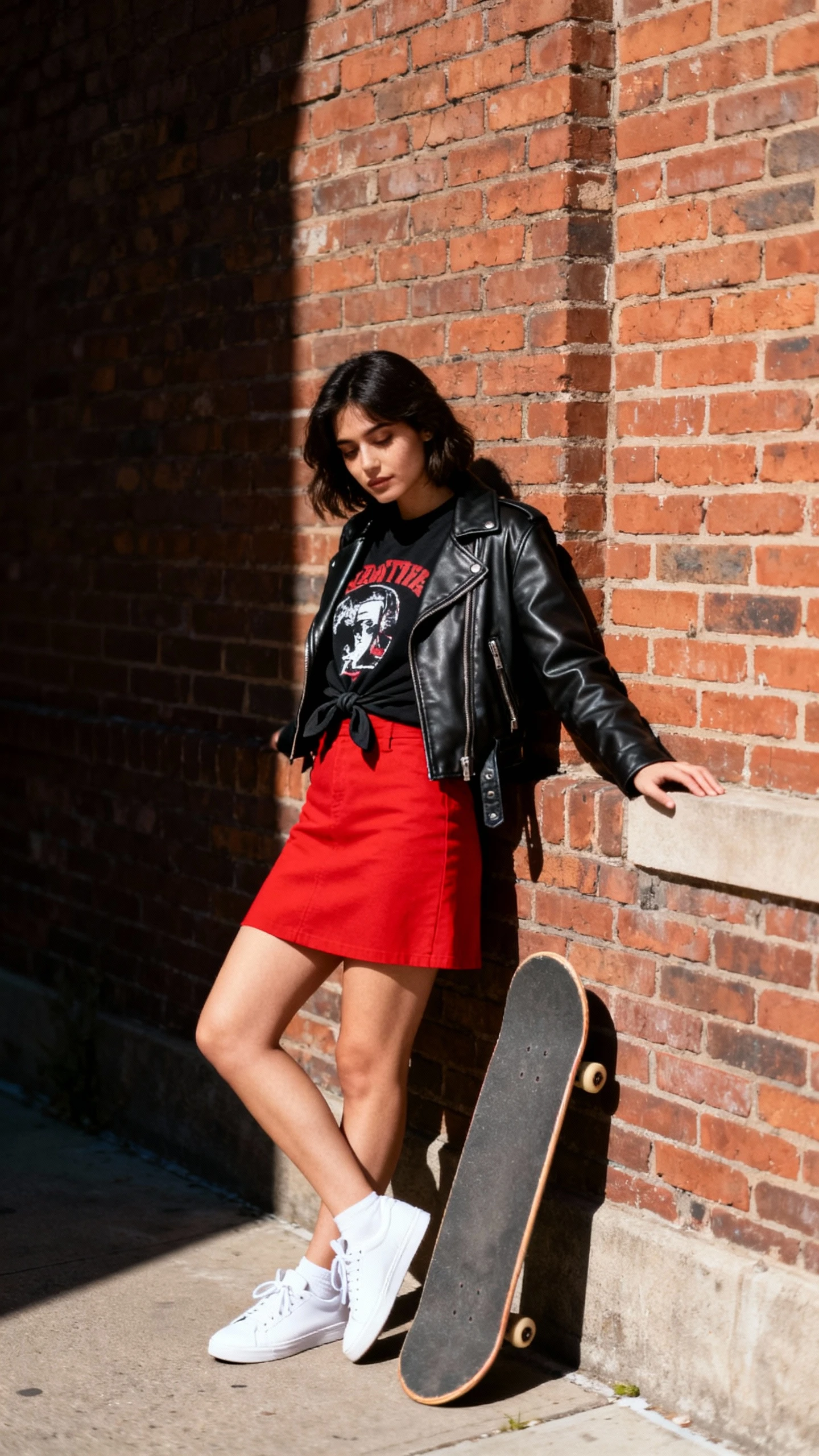 Street-style snap of a woman wearing a red mini skirt with a black graphic tee, leather moto jacket tied at the waist, and white sneakers, leaning on a brick wall with a skateboard nearby, face in shadow, urban daylight, iPhone photo feel.