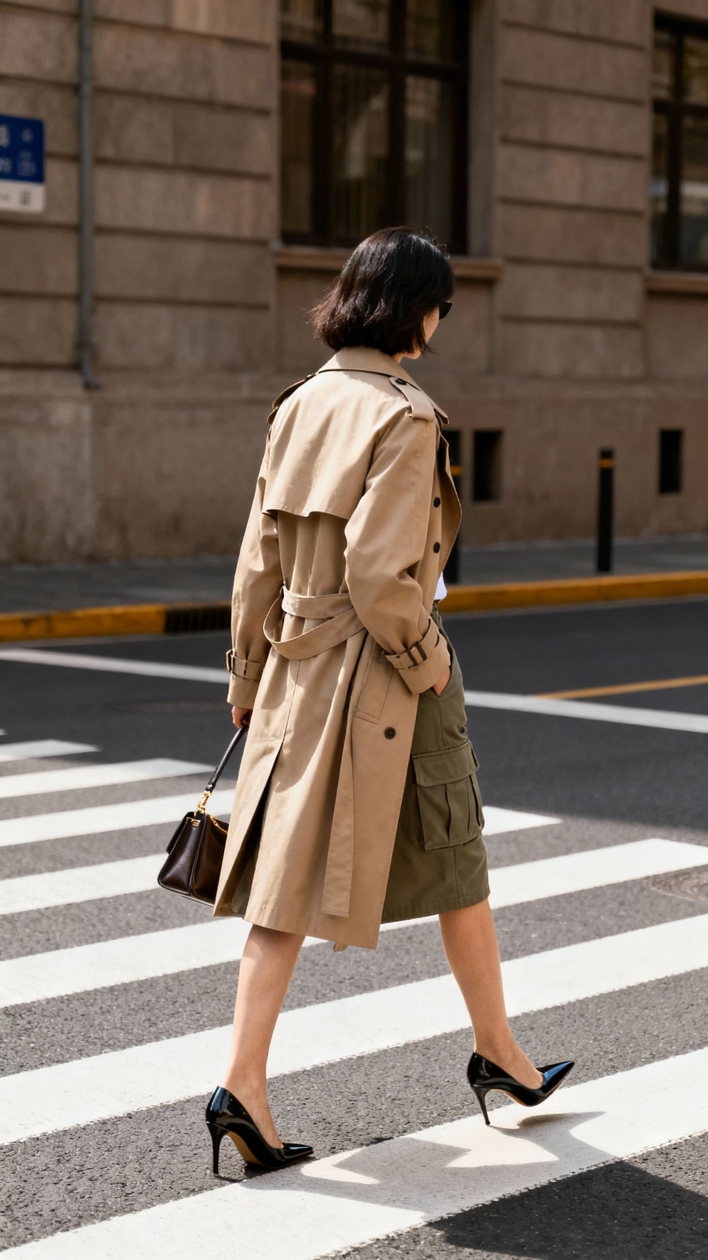 Urban candid of a woman in a classic trench coat over a cargo skirt with sharp heels and a structured bag, striding through a crosswalk, face looking away, natural daylight, iPhone photo quality.