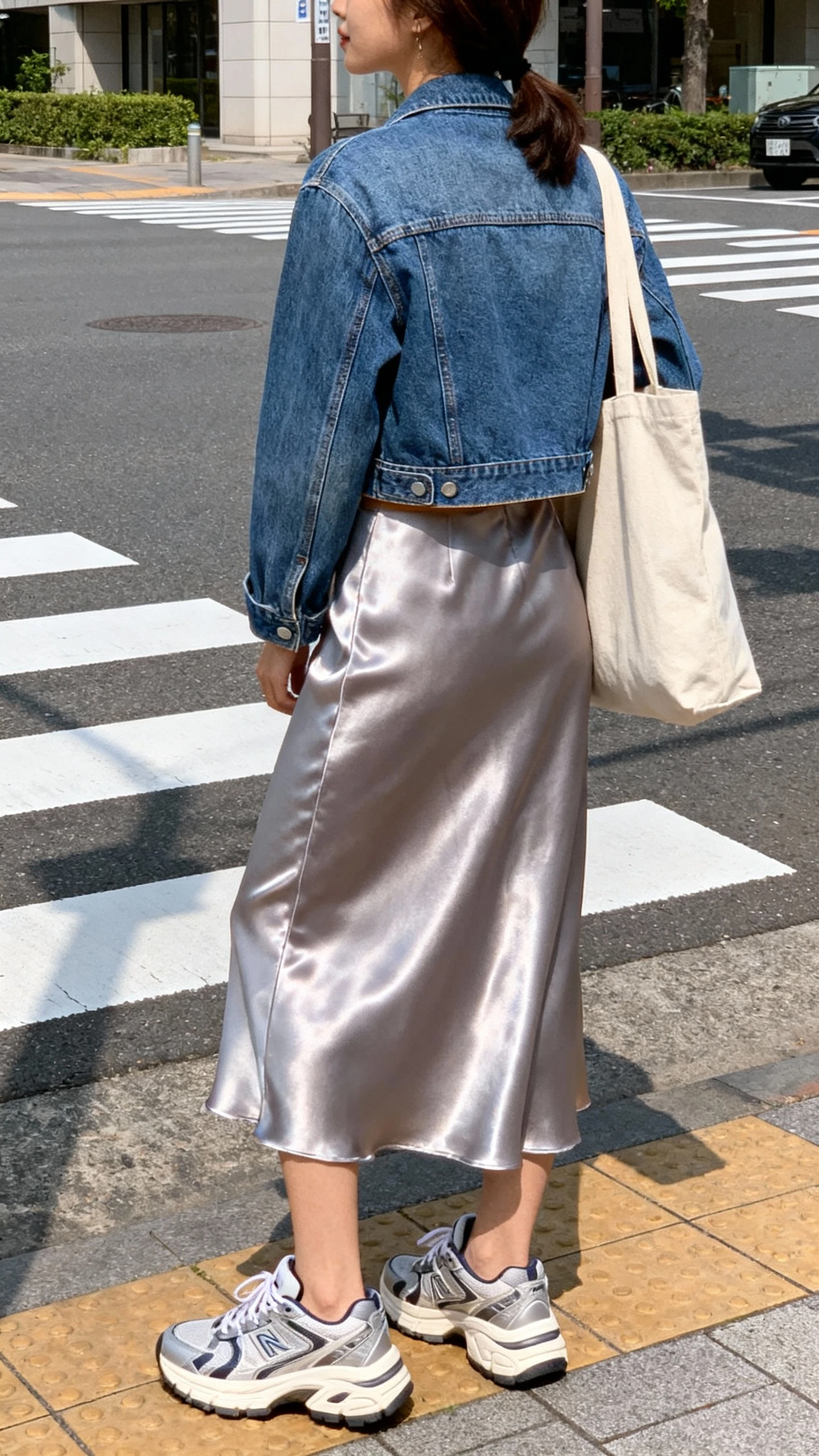 Urban photo of a woman in a cropped denim jacket over a satin skirt with chunky sneakers and a canvas tote, waiting at a crosswalk, face turned away, natural daylight, iPhone candid.