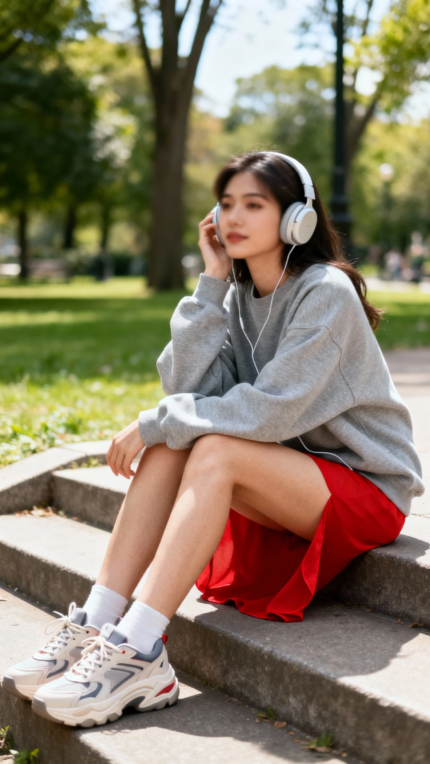 Weekend vibe photo of a woman in a gray oversized sweatshirt with a red slip skirt and chunky dad sneakers, sitting on park steps with headphones, face slightly blurred, bright daylight, casual iPhone look.