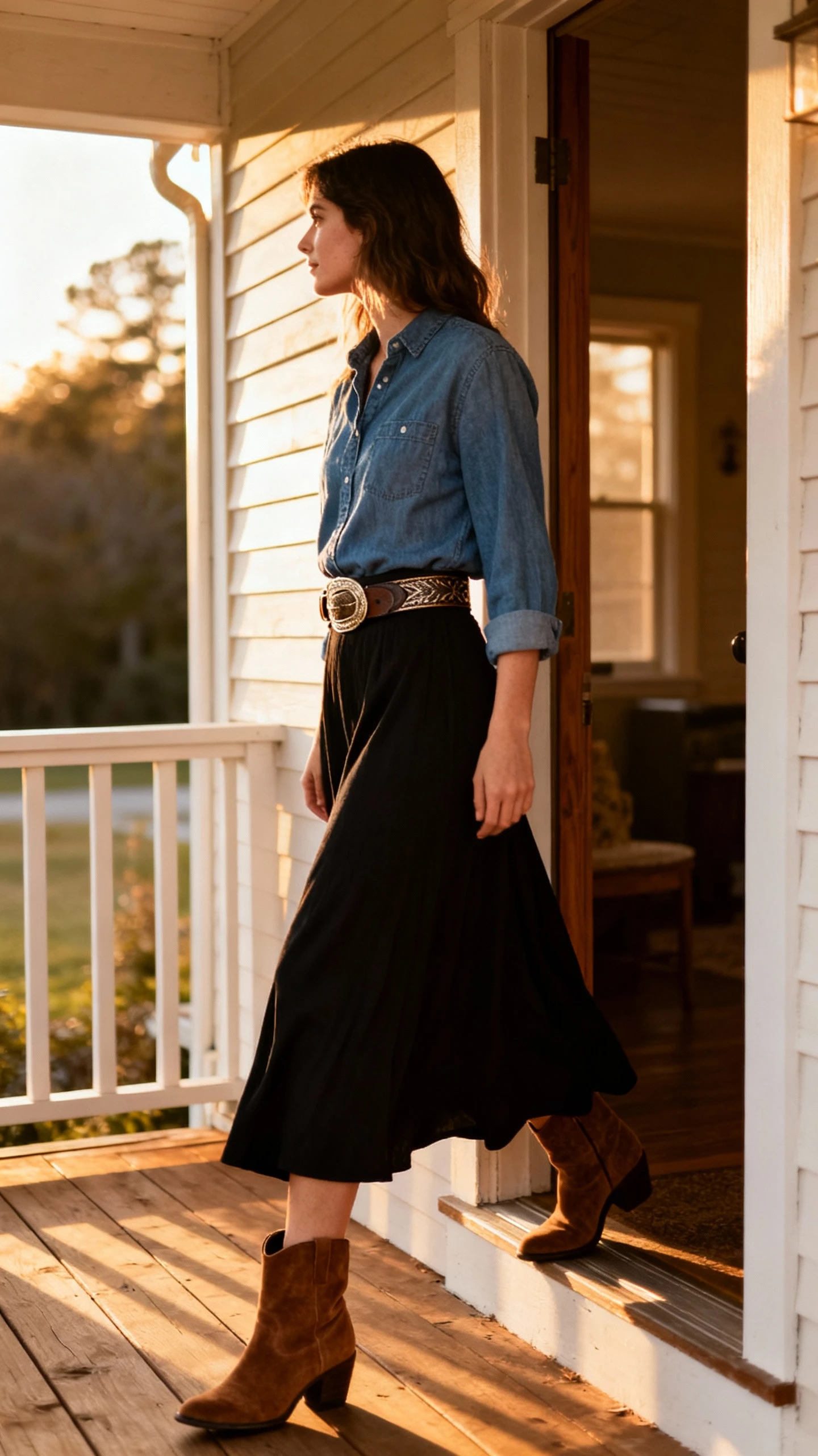 Western-inspired candid of a woman in a black maxi skirt with a wide Western belt, suede ankle boots, and a chambray shirt, stepping onto a wooden porch, face looking away, golden-hour light, iPhone quality.