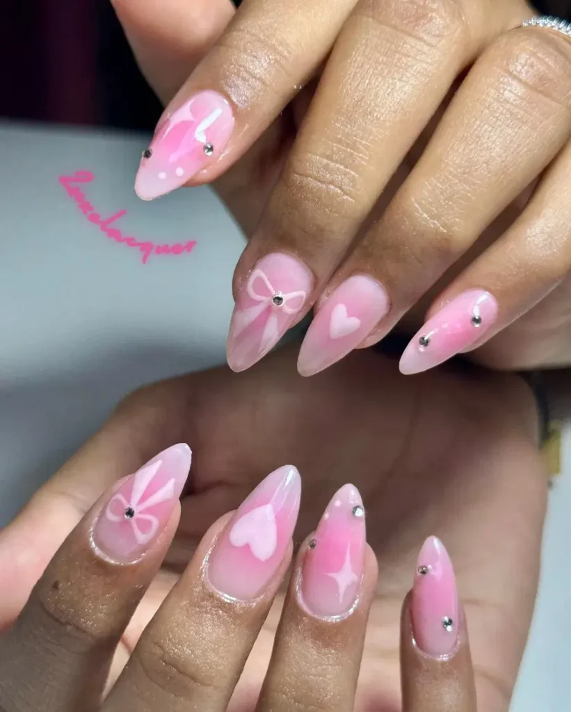 Blush Nails With Sweet Heart & Bow Details