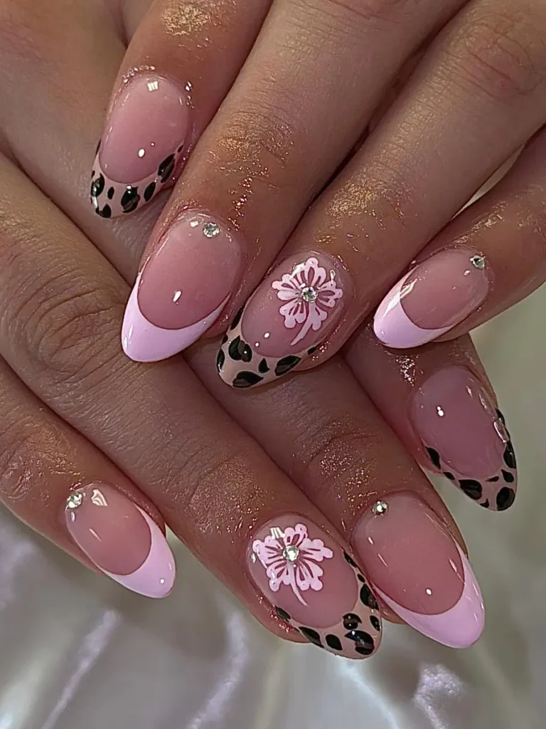 Blush Pink Acrylic Nails With Soft French Tips, Floral Art & Leopard Accents