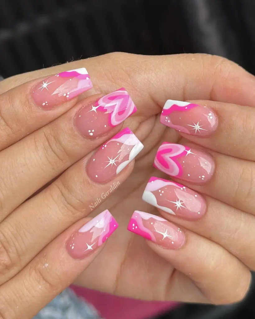 Soft Swirl Pink Acrylic Nails With Glossy Star Accents