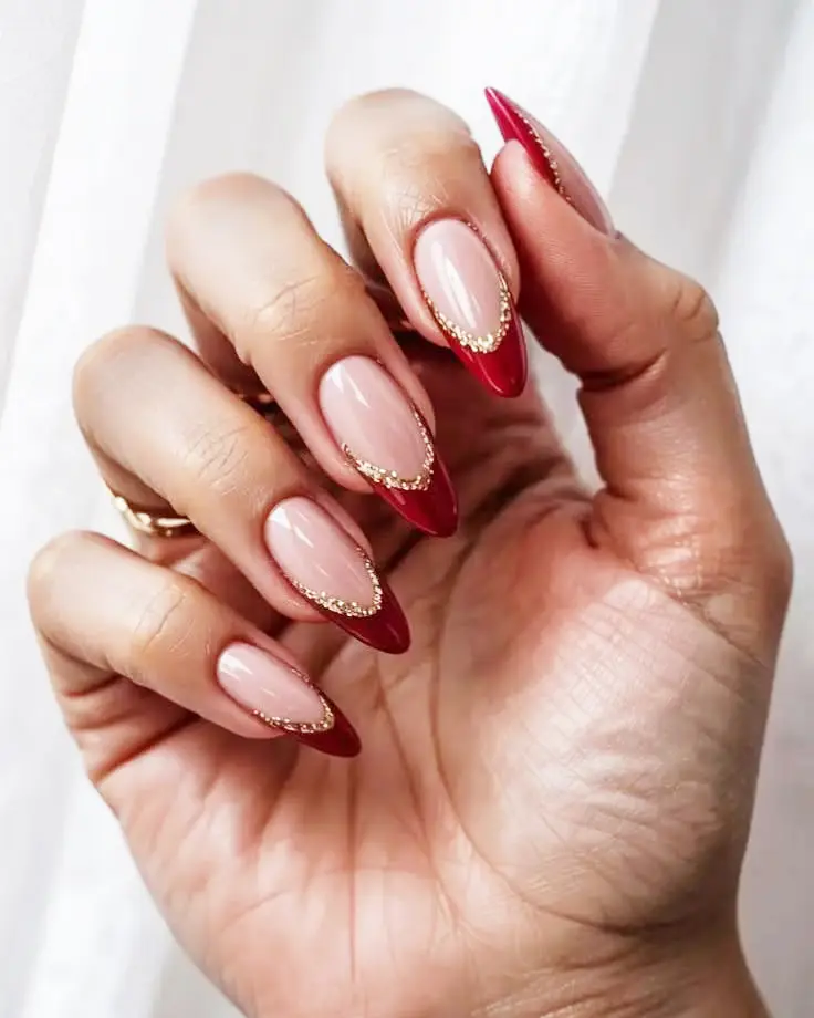 Almond Red Nails With Fine Gold Beaded French Edges