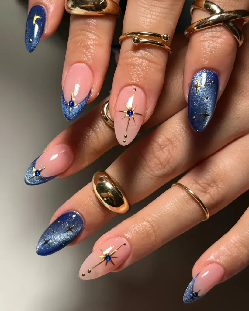 Deep Blue Almond Nails With Celestial Gold Details