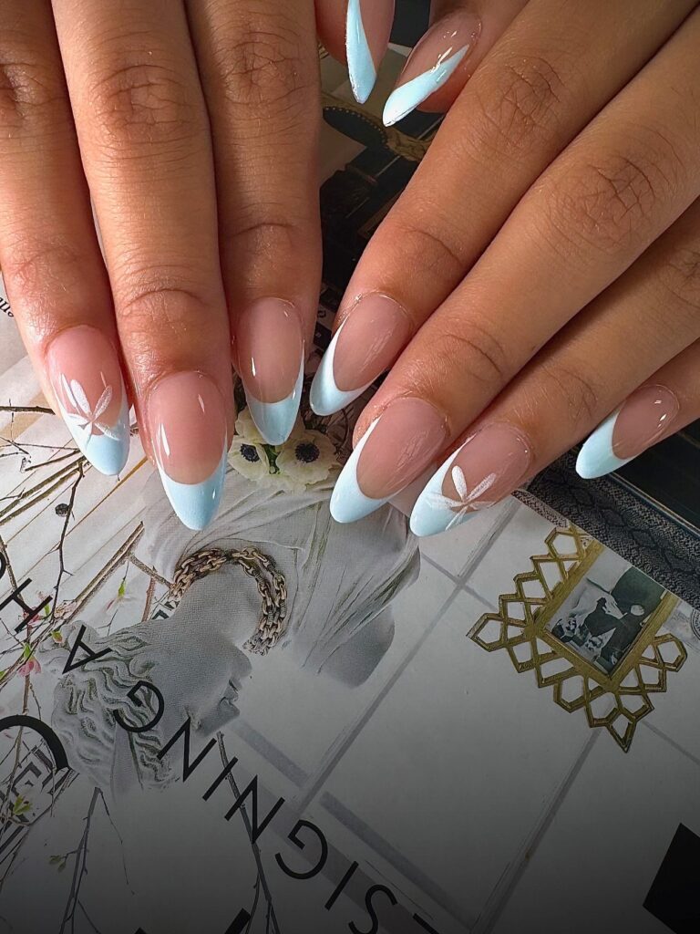 Sky Blue Almond French Tips with Minimal White Leaf Accents