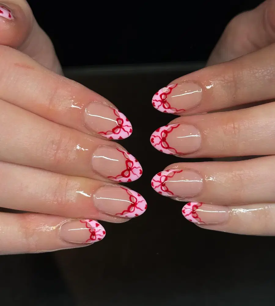 Nude Pink Almond Nails With Delicate Red Line Art Tips