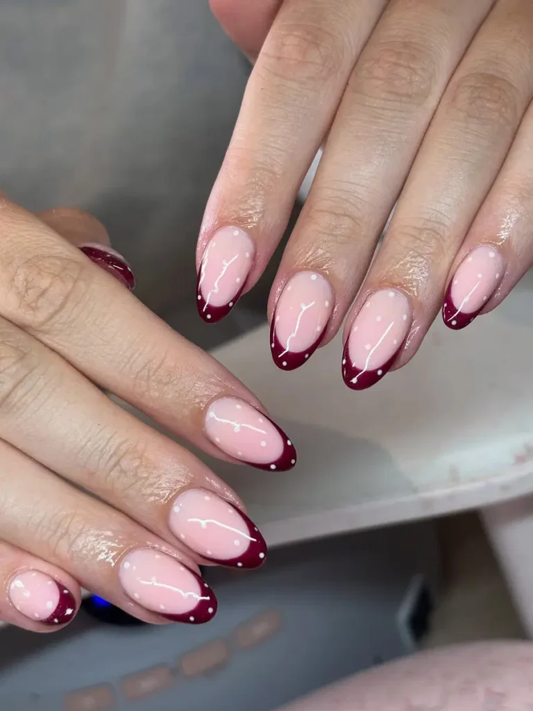Blush Pink Almond Nails With Deep Berry French Tips