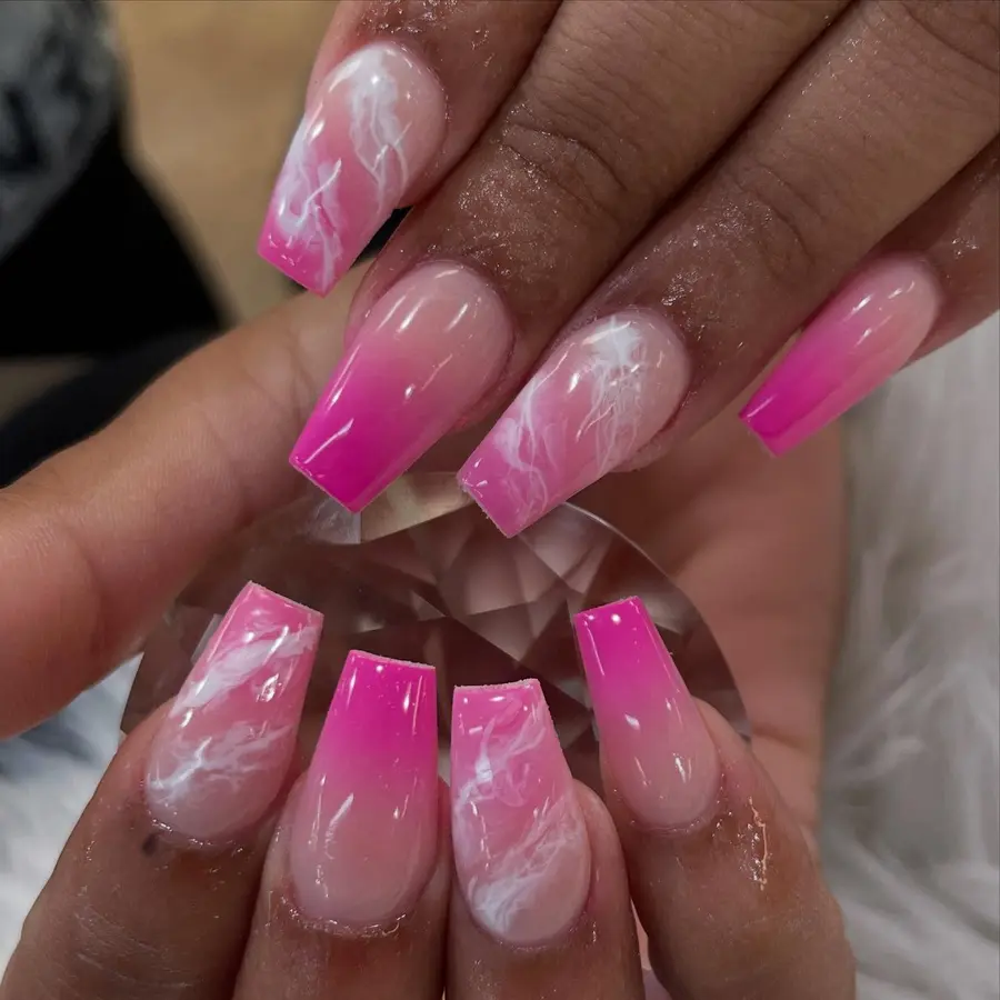 Pink Ombre Nails With Soft Marble Veining and a Glossy Finish
