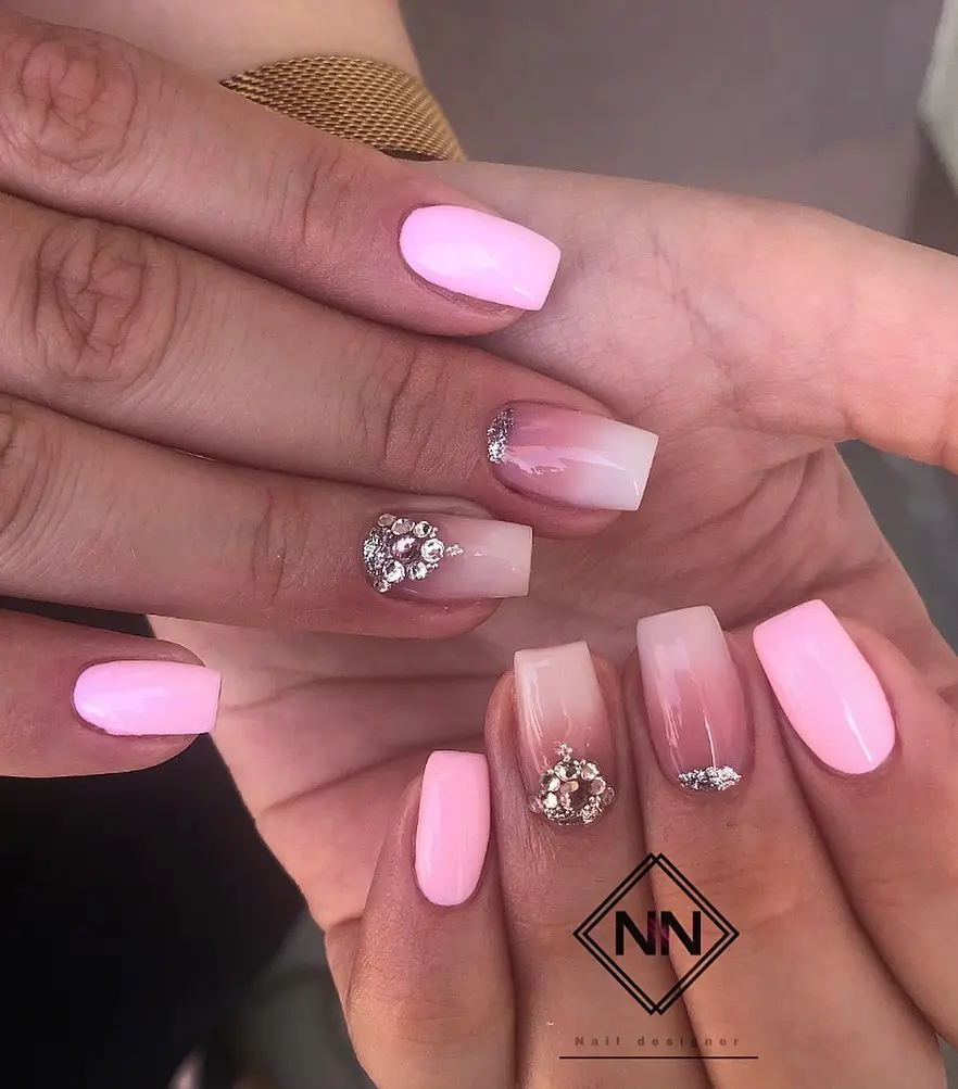 Pink Ombre Nails With Soft Square Shape and Subtle Crystal Focus