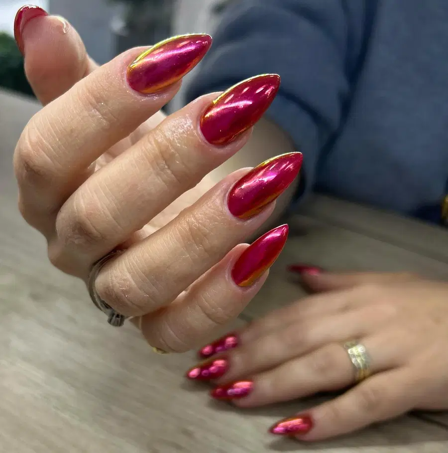Chrome Red Almond Nails With a High-Shine Finish