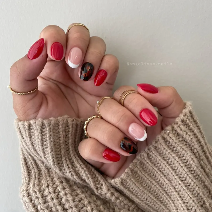 Classic Red Nails With French Tip and Tortoiseshell Accent