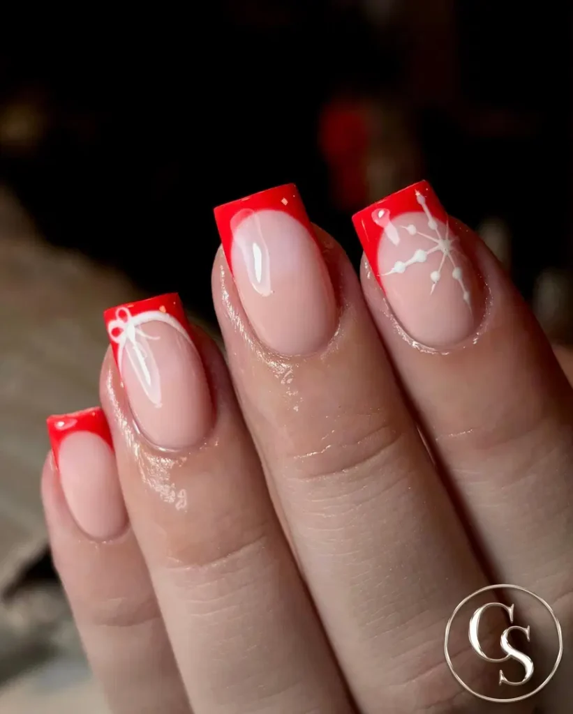 Short Red French Tip Nails With Delicate White Line Art