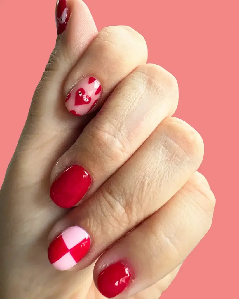 Short Red Nails With Mixed Heart Art and Bold Color Blocks