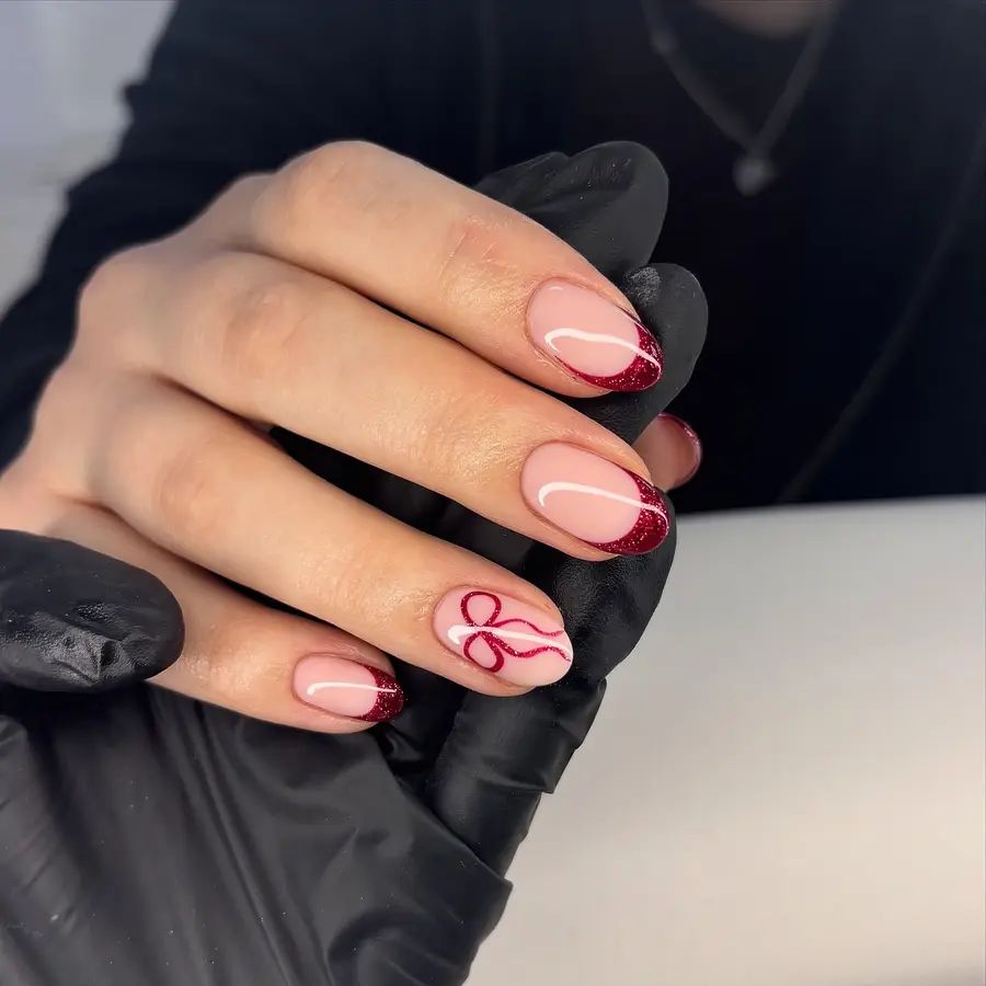 French Tip Nails With Ribbon Accent Detail