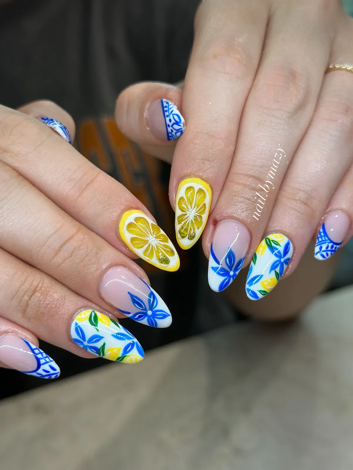 3D Lemon Slices with Blue Floral and Patterned Accents