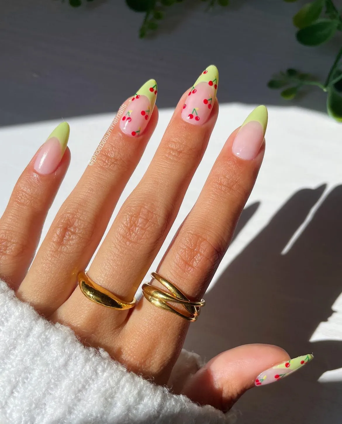 Green French Tips with Cherry Accents