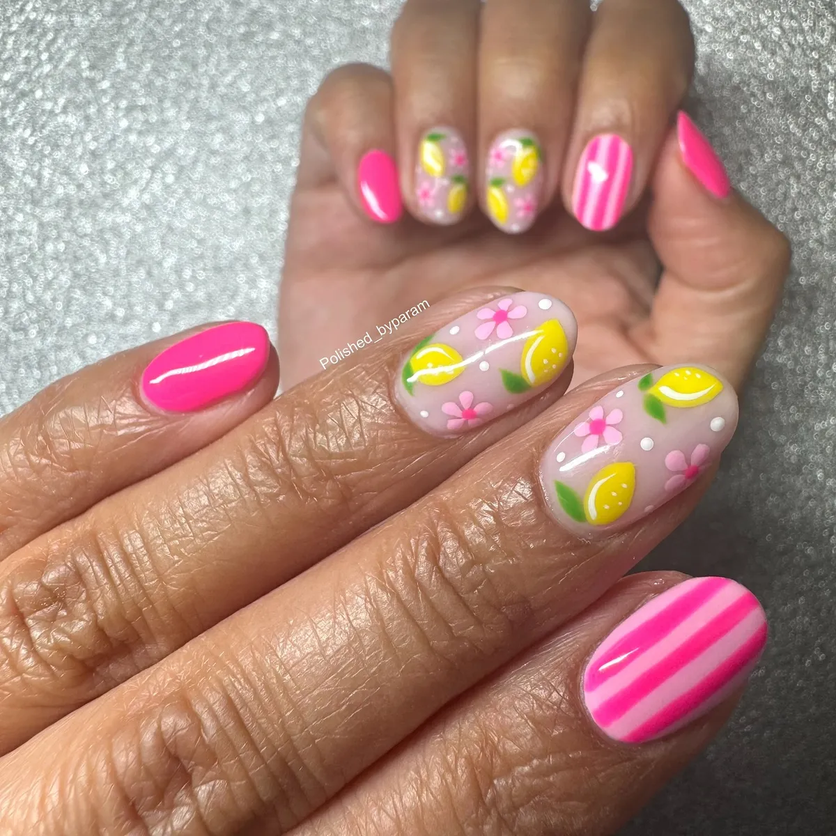 Hot Pink Stripes with Lemons and Pink Flowers