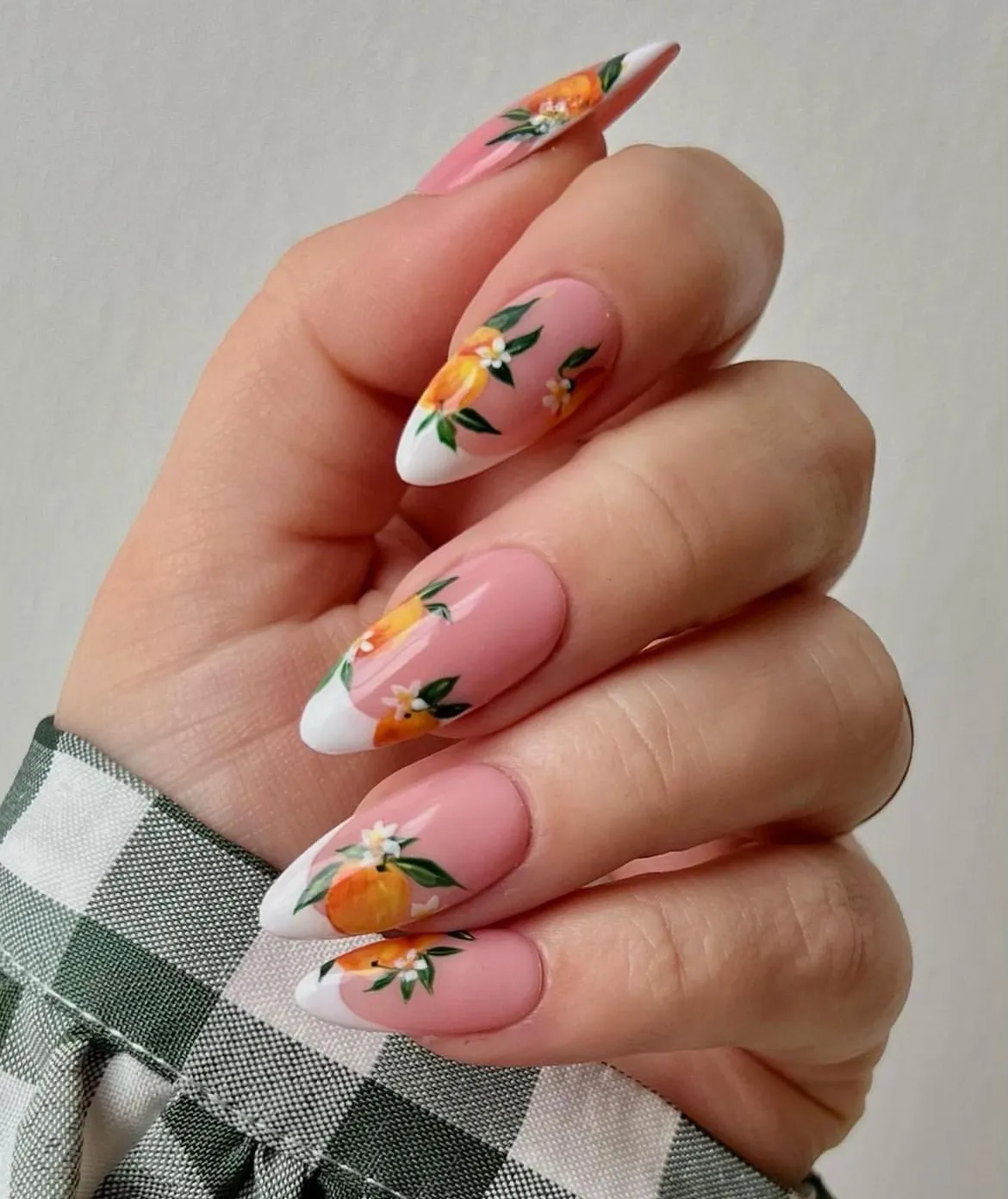 Pink French Tips with Orange Fruit Art