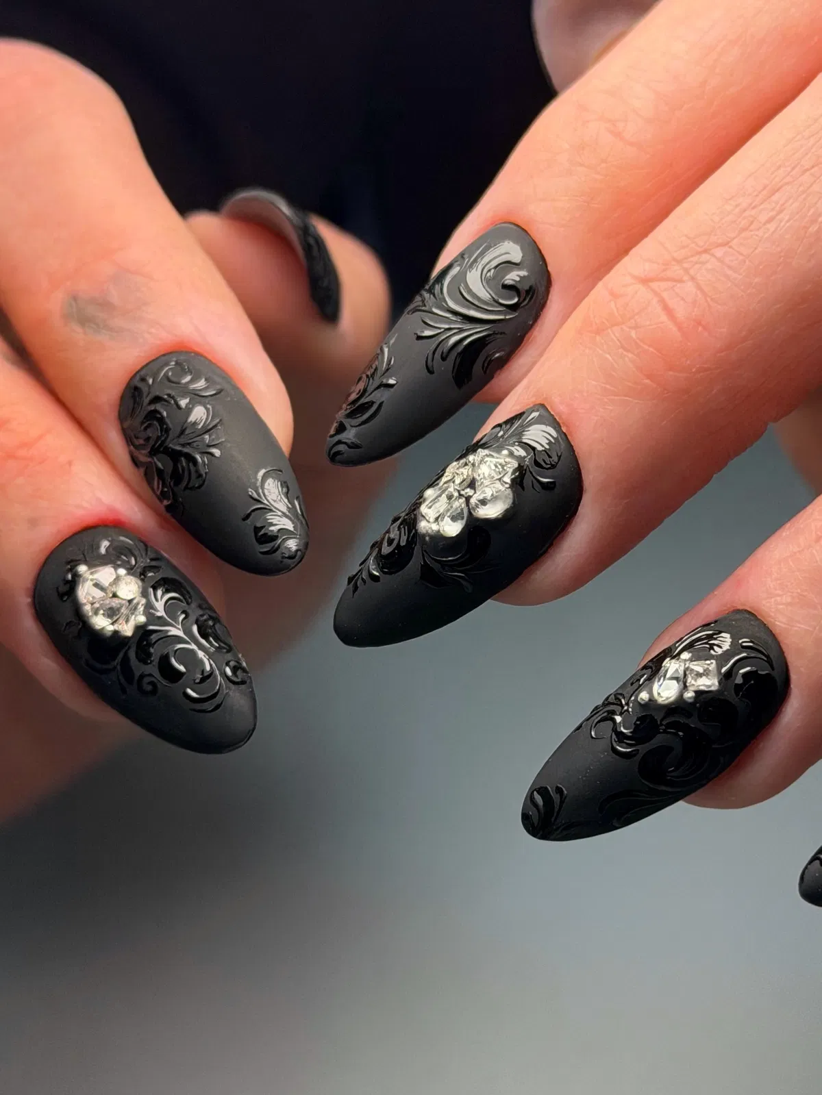 Matte Black with Raised Scrollwork and Clear Rhinestones