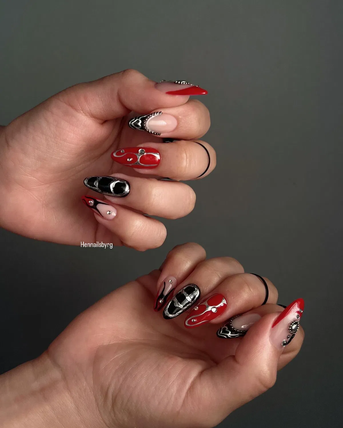 Stiletto set with silver studs and beaded outlines
