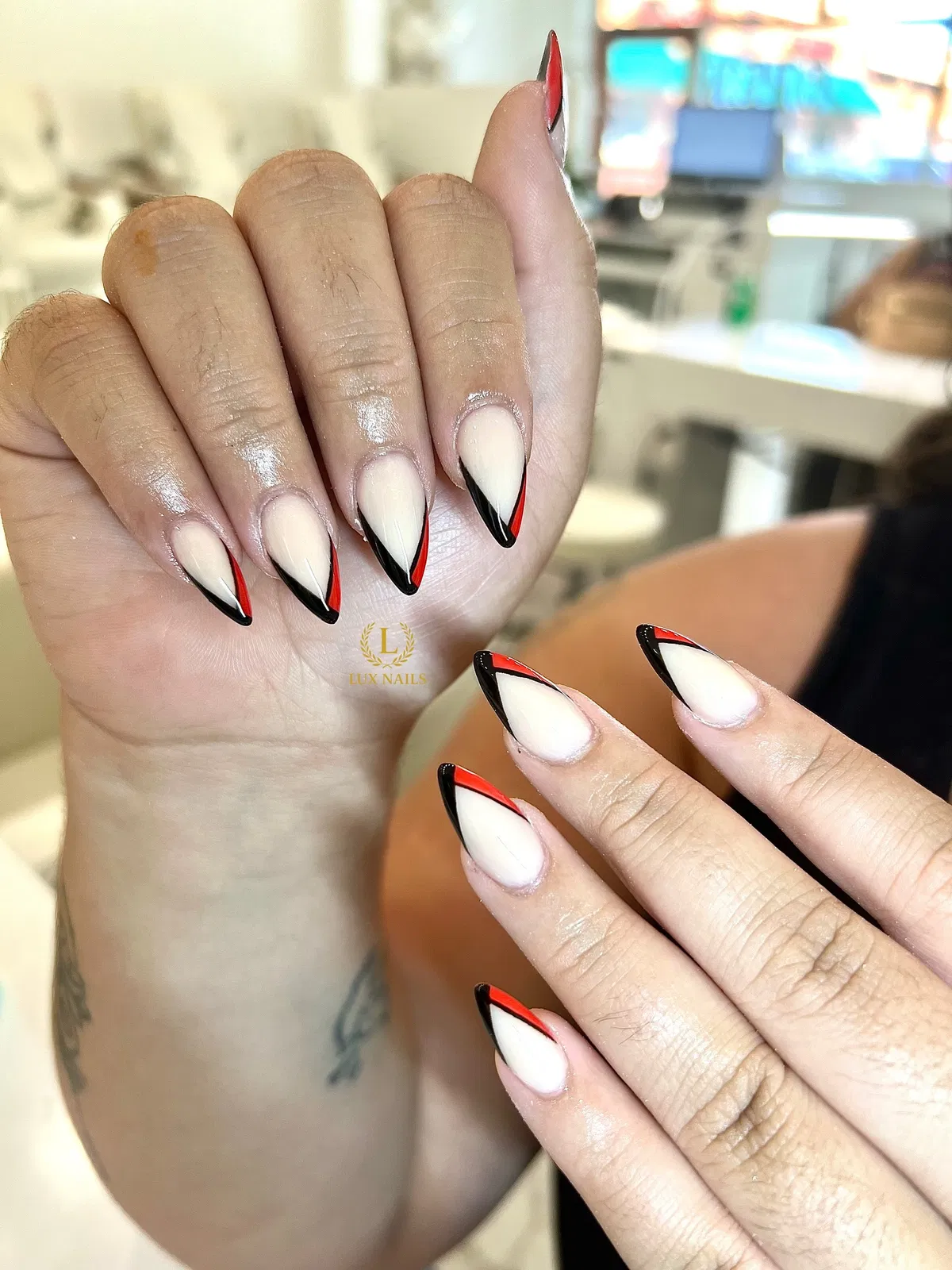 Black French Tips with Thin Red Edge Accent
