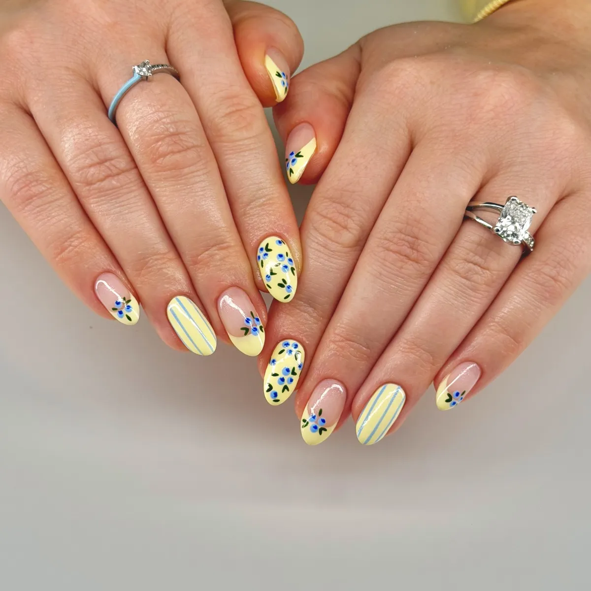 Yellow tips and striped accent with blue-and-green scatter pattern