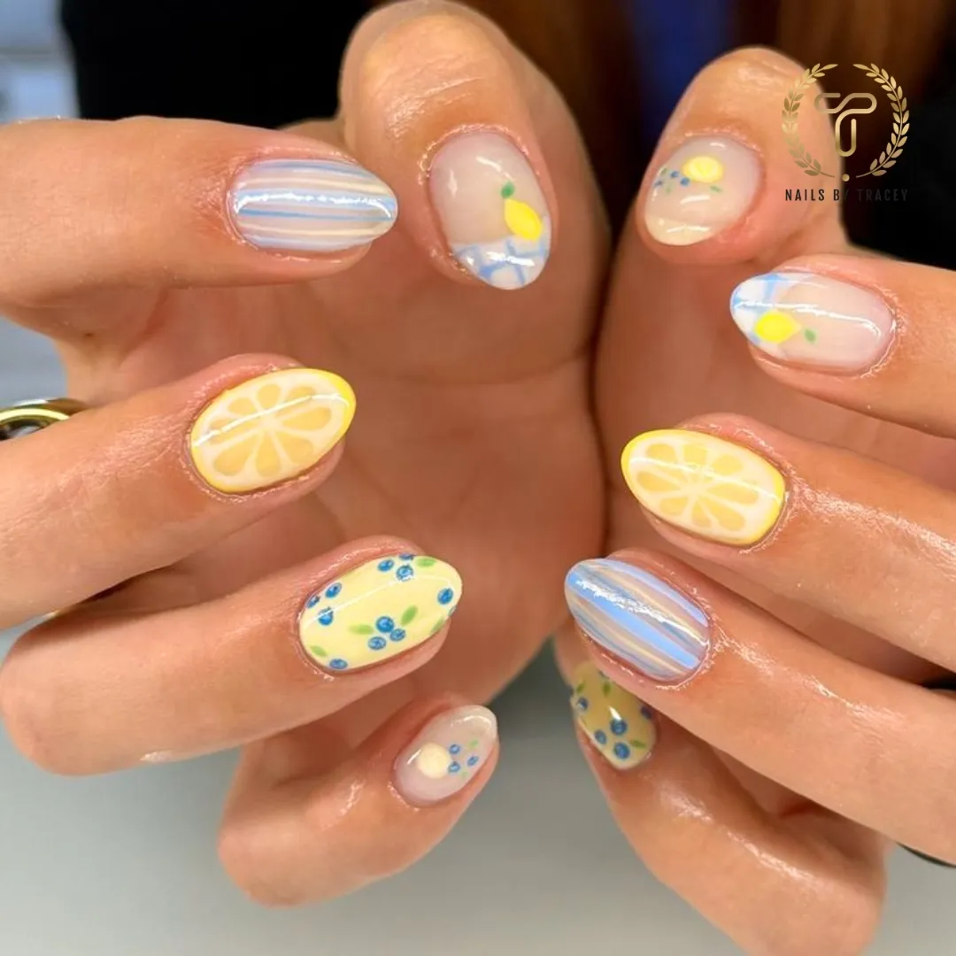 Short glossy set with lemon slices, stripes, and tiny yellow motifs
