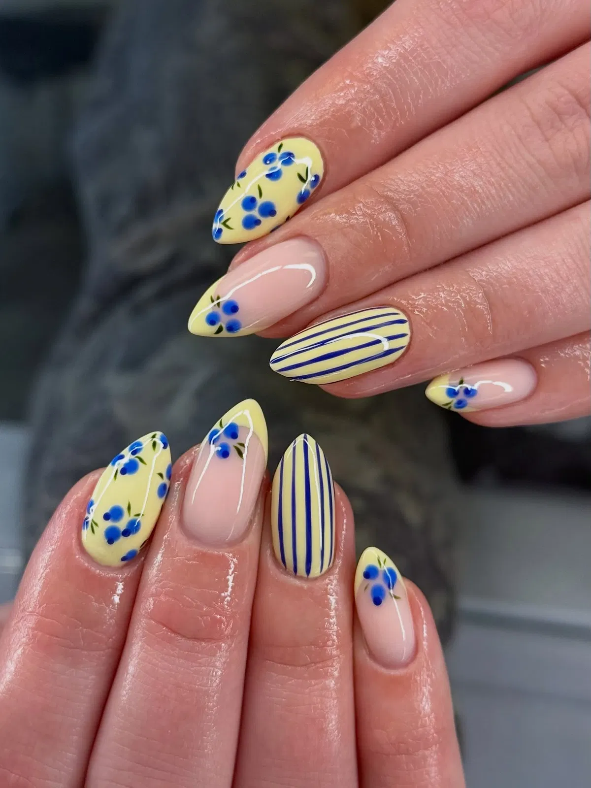 Pale yellow and pink mix with blue striping