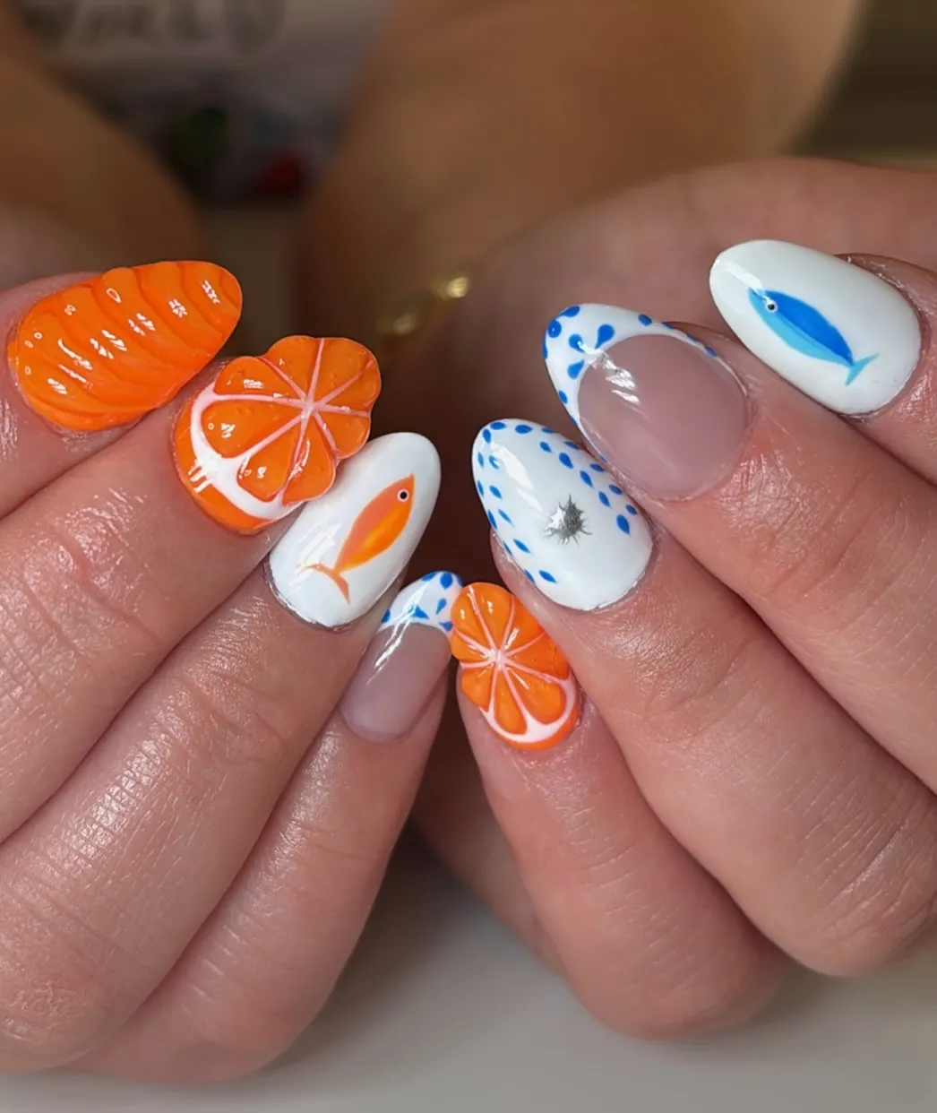 3D citrus and fish on white