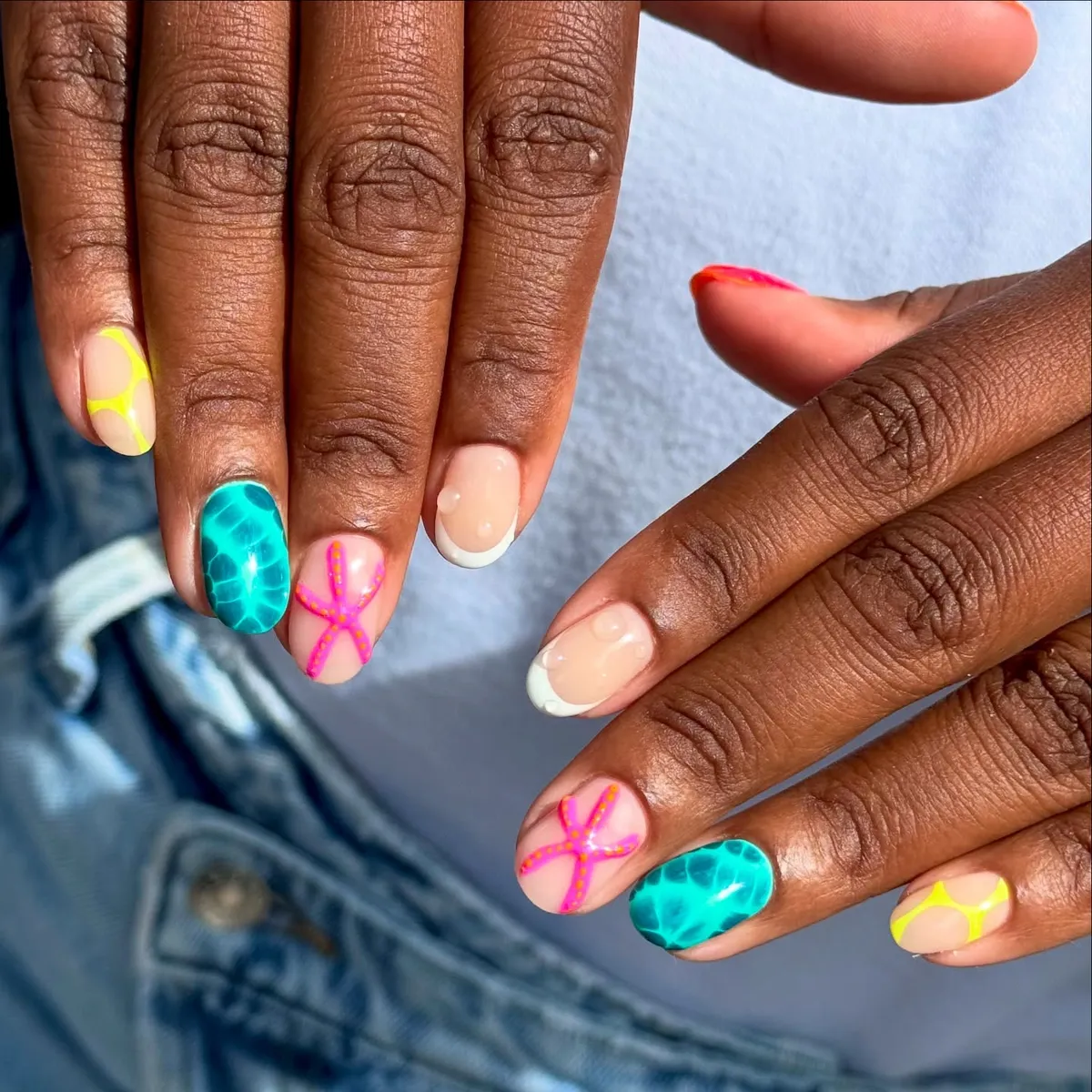Teal water effect with pink and neon accents