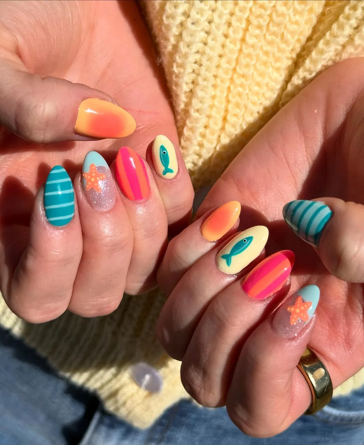 Stripes, fish silhouettes, and starfish on glitter bases