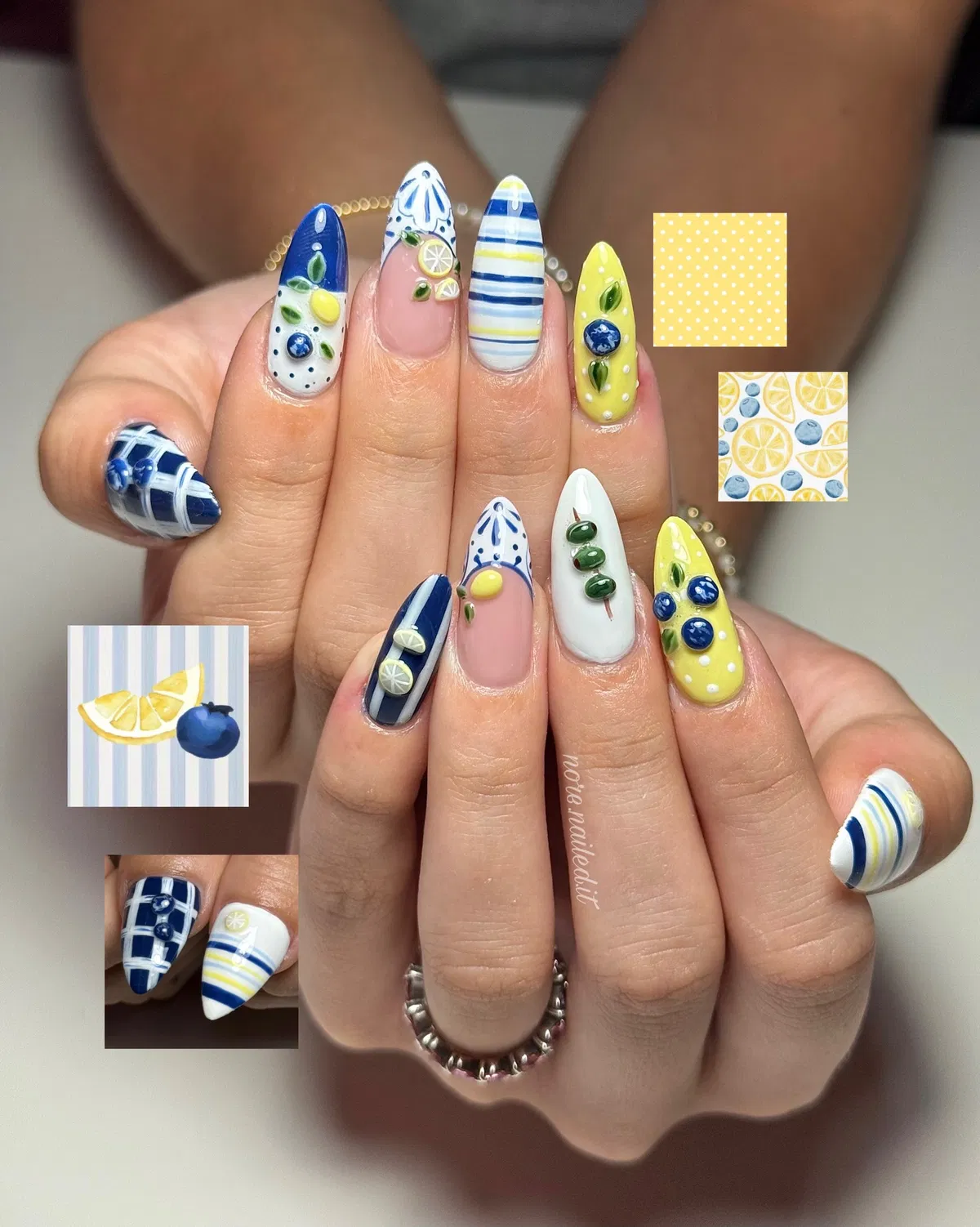Blue-and-yellow fruit nails with stripes and dotted details