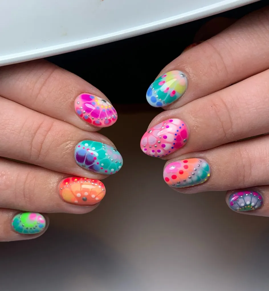 Neon gradients with dotted accents and studs