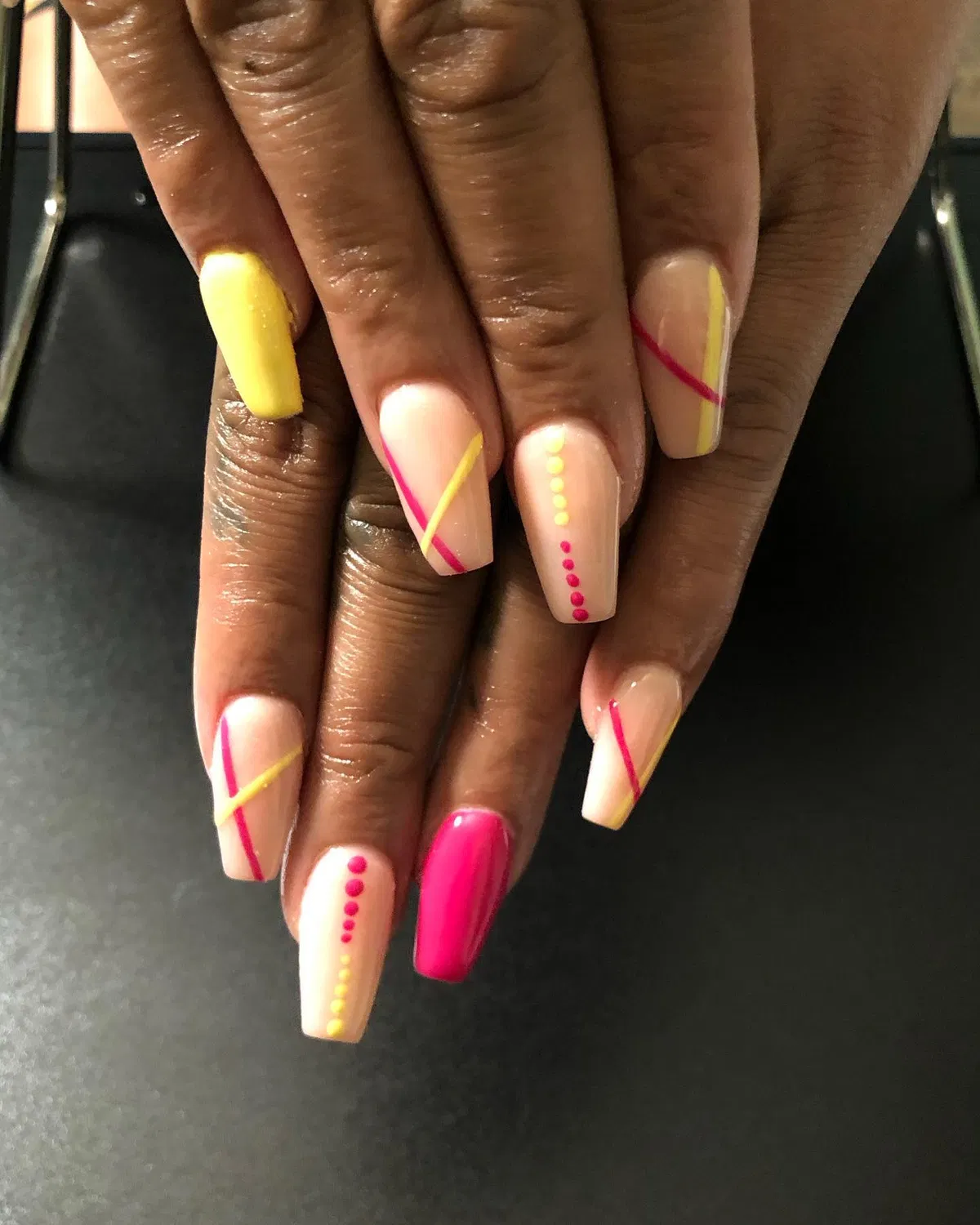 Nude Base with Diagonal Neon Lines and Dotted Rows