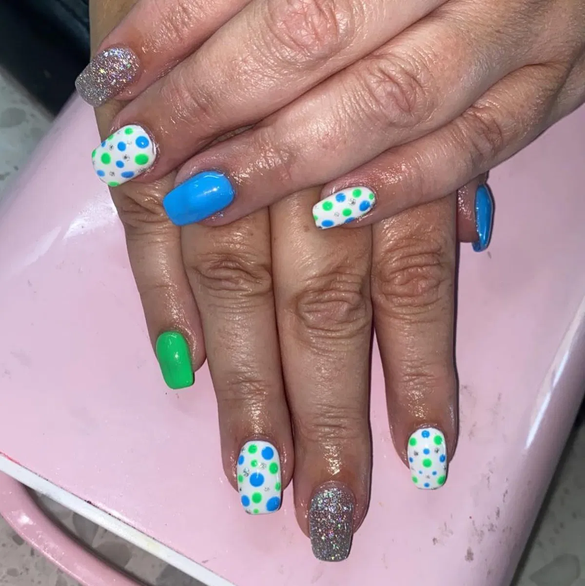Blue, green, and polka dots with silver glitter accents