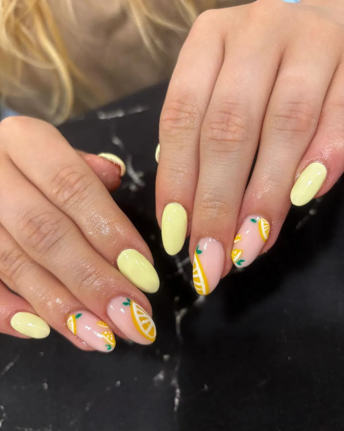 Soft yellow solids with citrus-and-leaf accents
