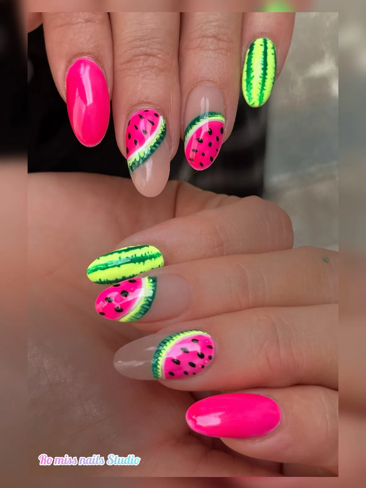 Neon watermelon-inspired nails