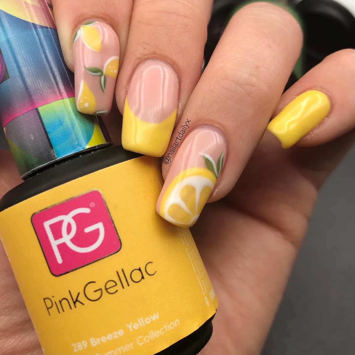 Square nude-and-yellow set with visible “PinkGellac 289 Breeze Yellow” bottle