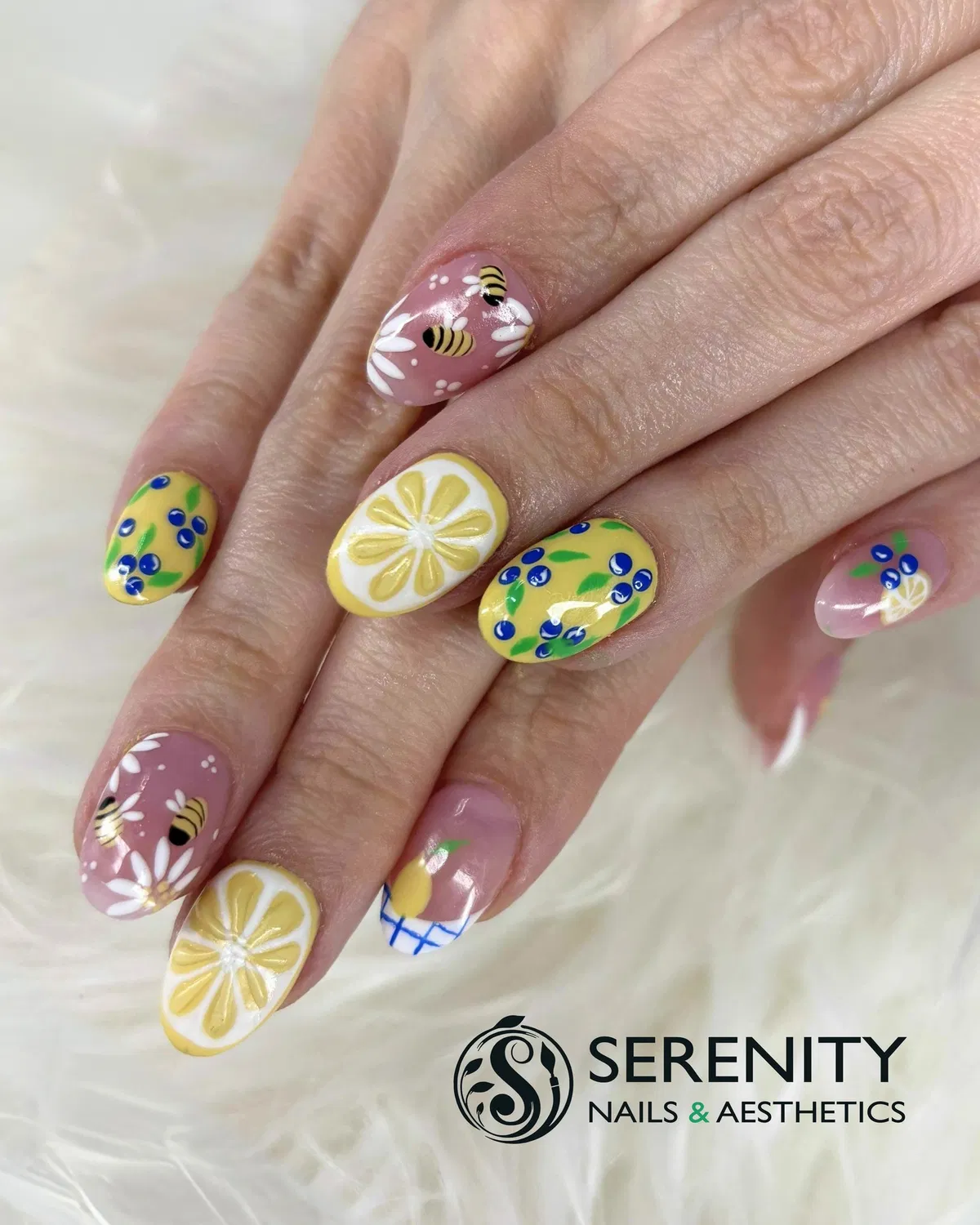 Mixed motif set: bees, florals, berry-like dots, and lemon slices