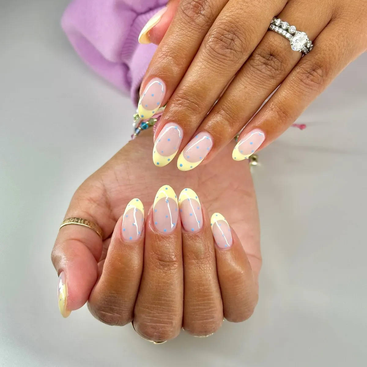Pale Yellow French Tips with Blue Polka Dots