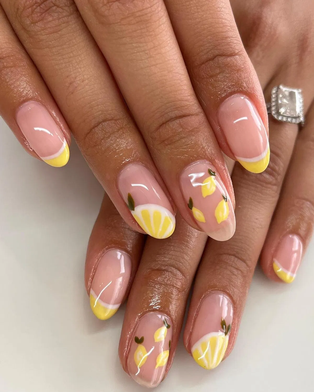 Yellow French tips with lemon slice and mini lemon accents