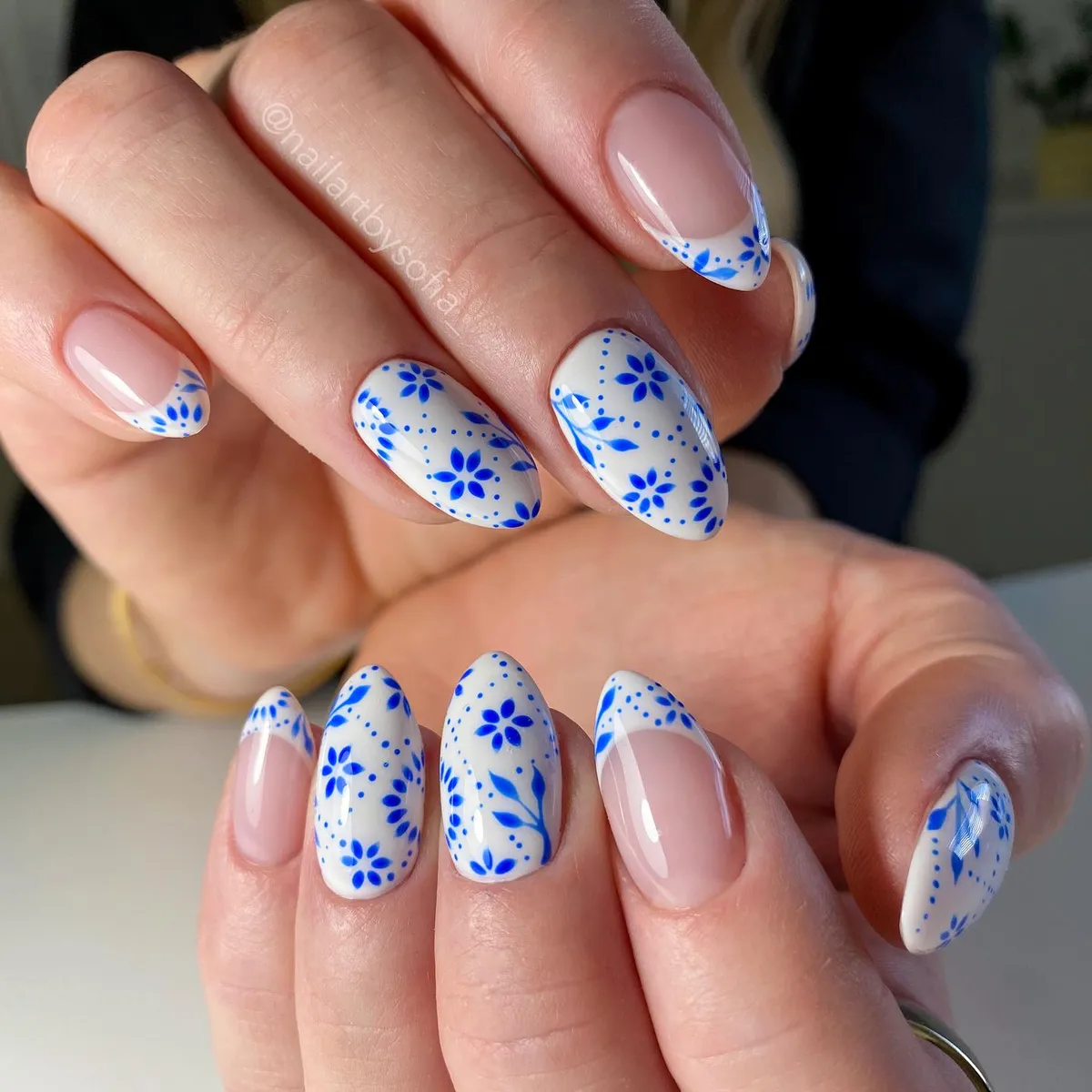 Blue-and-white floral pattern with French accents