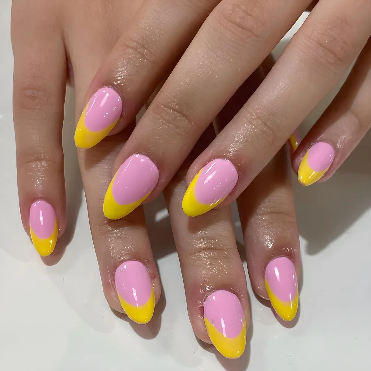 Pink Base with Bold Yellow French Tips