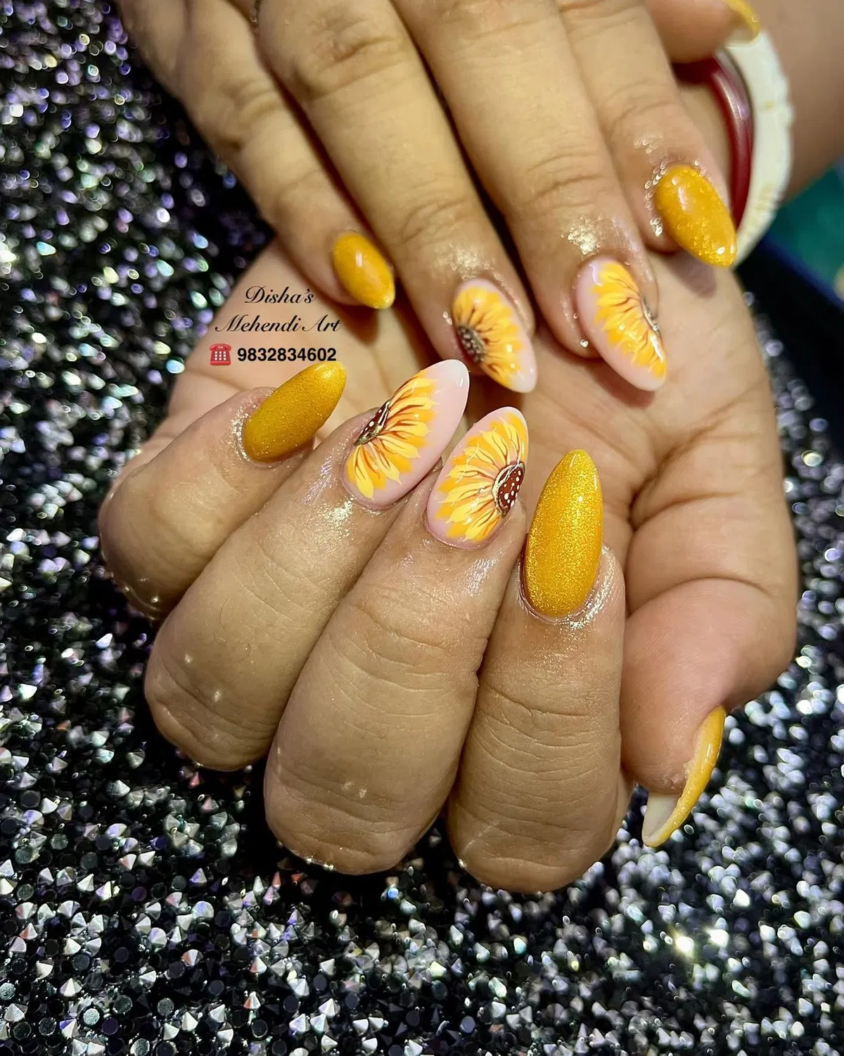 Mustard Yellow Shimmer with Bold Flower Accents