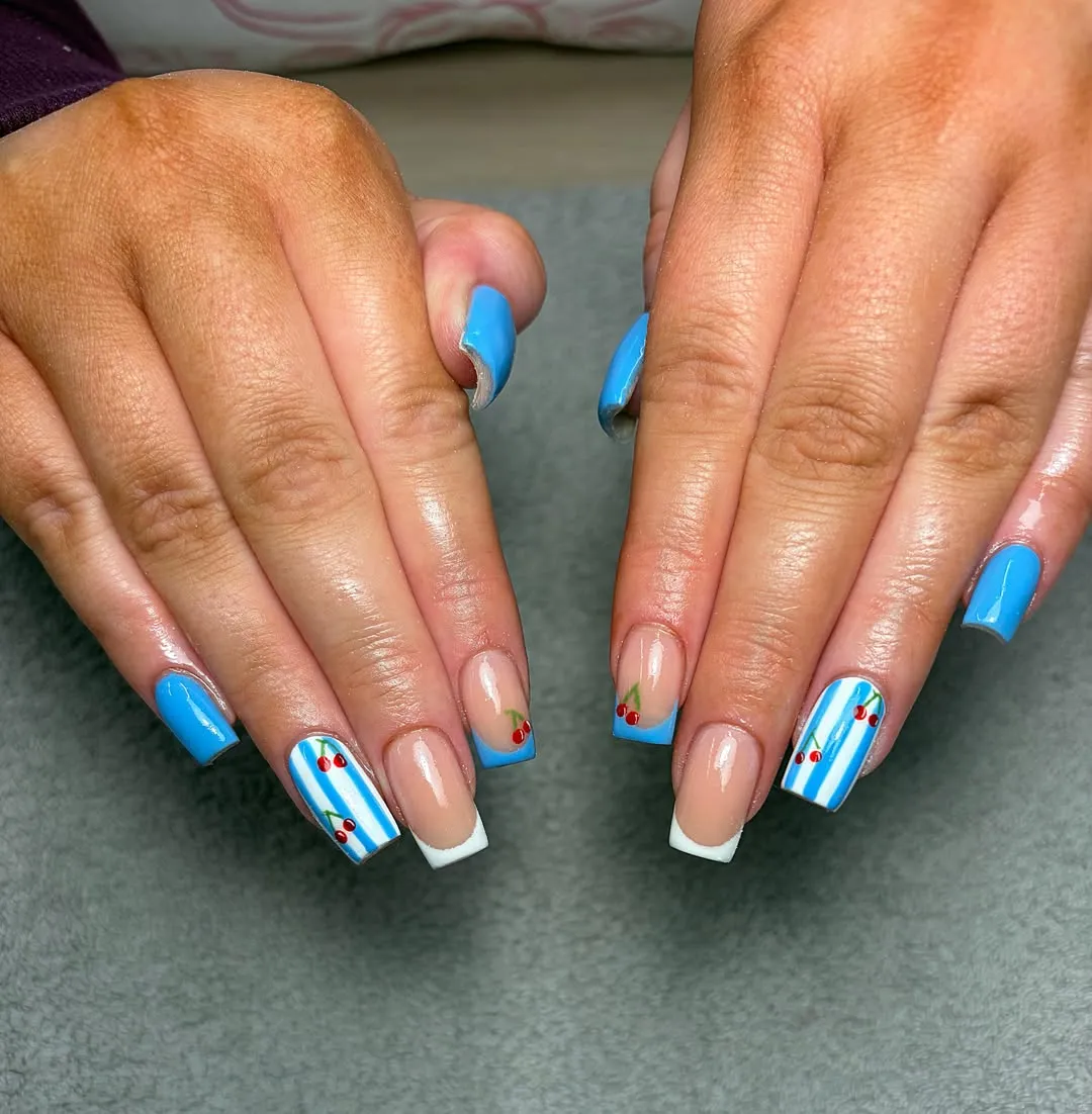 Blue-and-white stripes with cherry accents