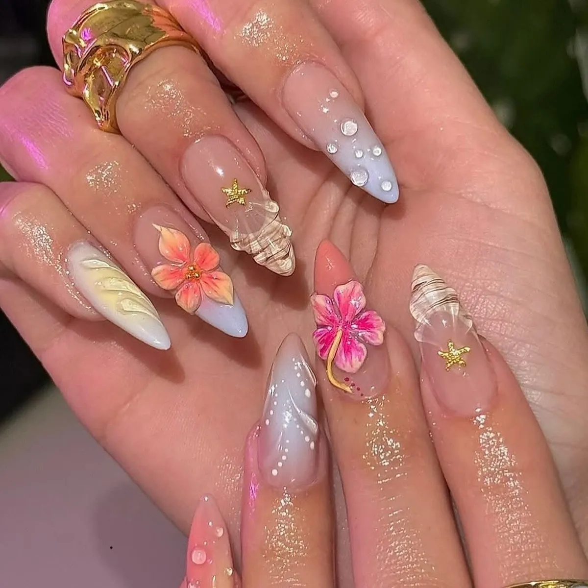 3D shells, starfish, and floral accents in soft pastels