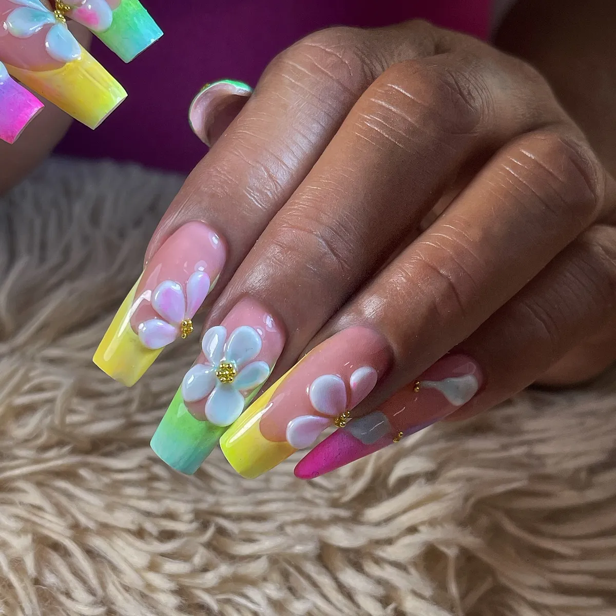 Neon gradient square tips with 3D white flowers