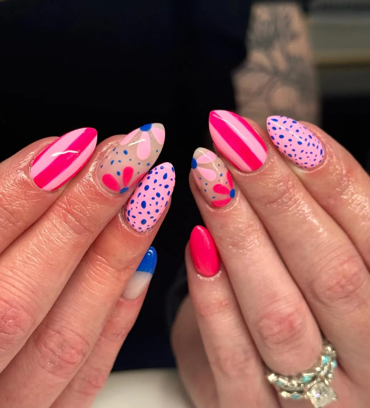 Hot pink stripes and dotted floral accents
